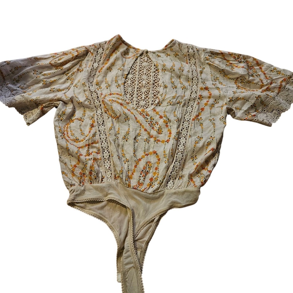 Free People Intimately Floral Crochet Lace Bodysuit Cream Orange XS OB1125580